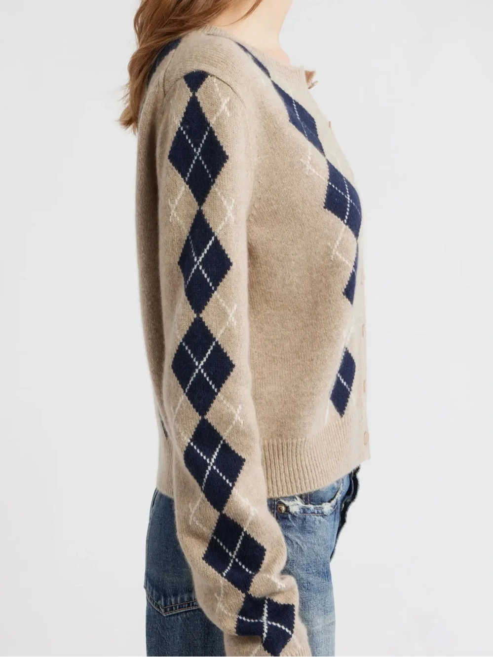 Reformation Women’s Clara Cashmere Cardigan with beige and Navy Diamonds - Picture 3 of 10